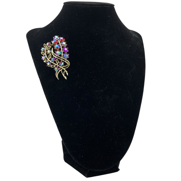 CORO FLORAL RED AURORA BOREALIS AB FLOWERS LEAVES Goldtone Vintage SIGNED 2-1/4" - Picture 7 of 14